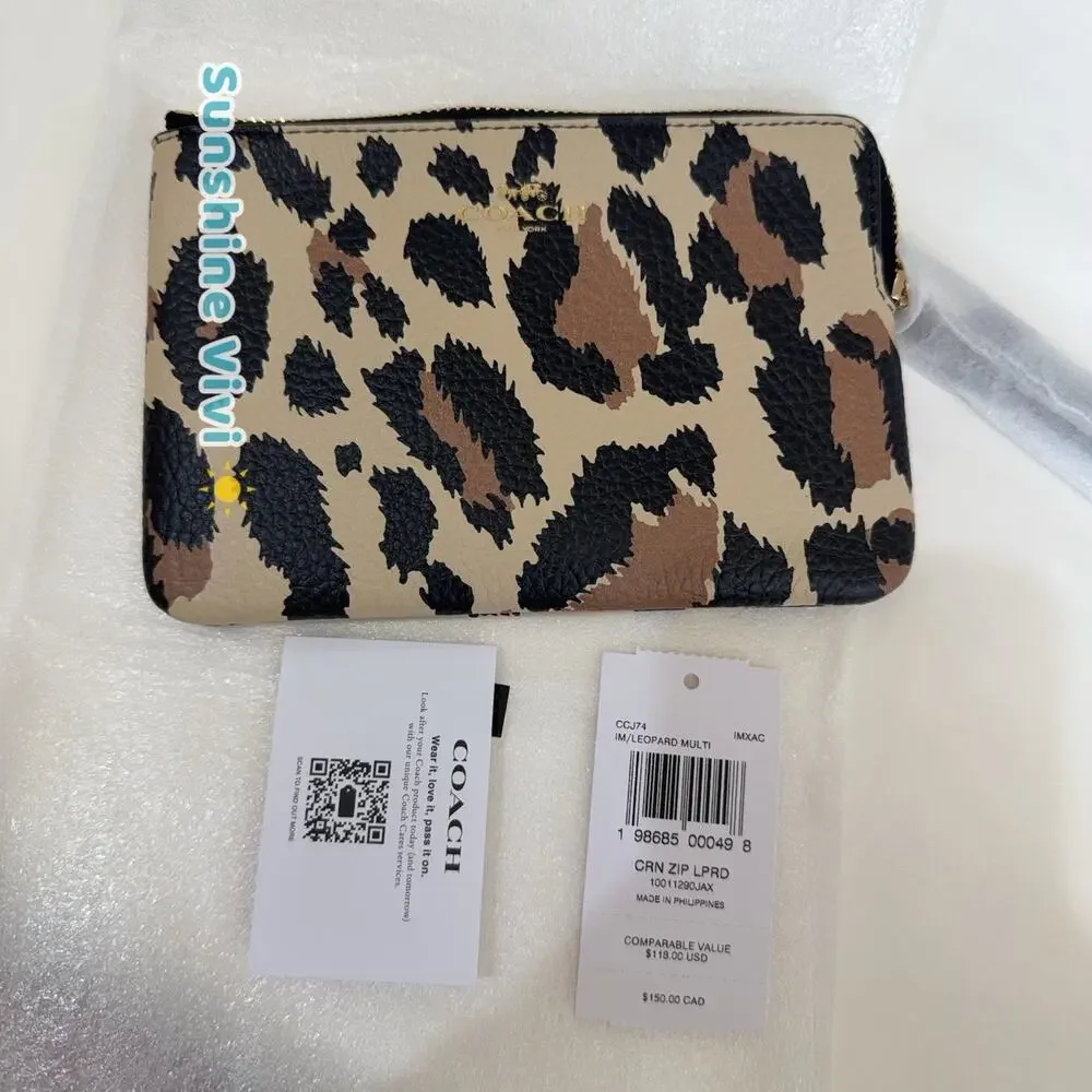NWT Coach Corner Zip Leather Wristlet With Leopard Print GOLD CCJ74